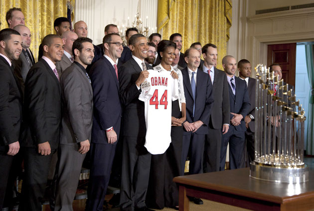 U.S. President Barack Obama gives St. Louis Cardinals Albert