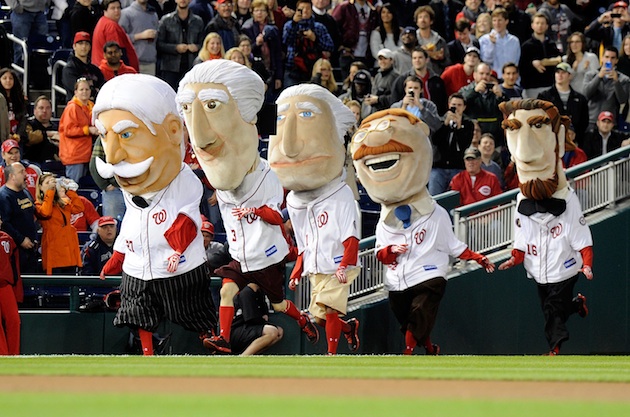 Screech and the Racing Presidents at a Nats game. Washington Nationals  mascots.