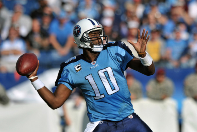 Tennessee Titans quarterback Vince Young (10) is tackled by