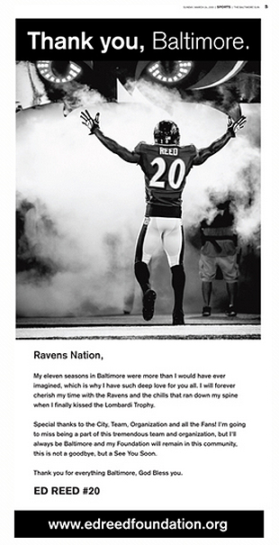 Ed Reed takes out full-page ad in the Baltimore Sun to thank