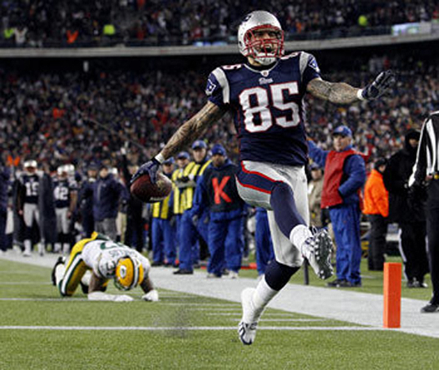 New England Patriots tight end Aaron Hernandez (85) celebrates in the  endzone after scoring on a 10-yard touchdown reception in the fourth  quarter against the Green Bay Packers at Gillette Stadium in Foxboro,  Massachusetts on December 19, 2010. The