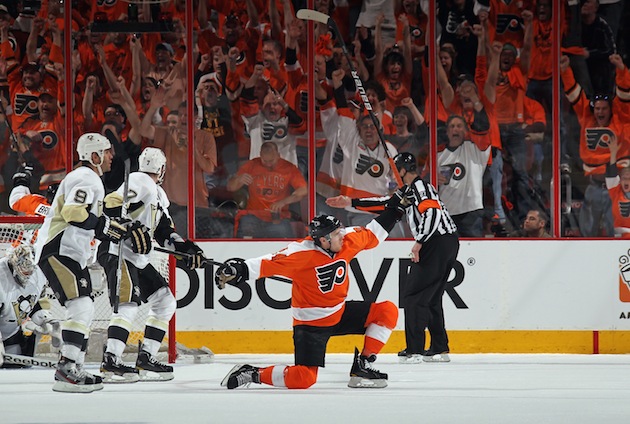 Philadelphia Flyers Arron Asham reacts after scoring a goal in the