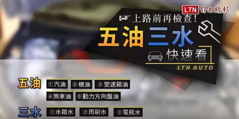 五油三水是開車上路前最基本的檢查項目，但隨著汽車科技進步，部份新車已經不提供變速箱油尺檢測，取消動力方向機油和電瓶水等項目，直接縮減為三油二水。