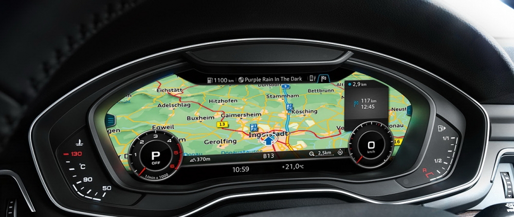 儀錶盤也直接升級到12.3吋的全液晶儀表盤（Virtual Cockpit），採用數位螢幕取代傳統類比指針儀表（圖片來源： http://www.audi.ie/ie/web/en/models/a4/a4-saloon/layer/audi-virtual-cockpit.html）