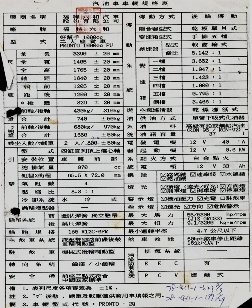 當年福特六和送審的規格表