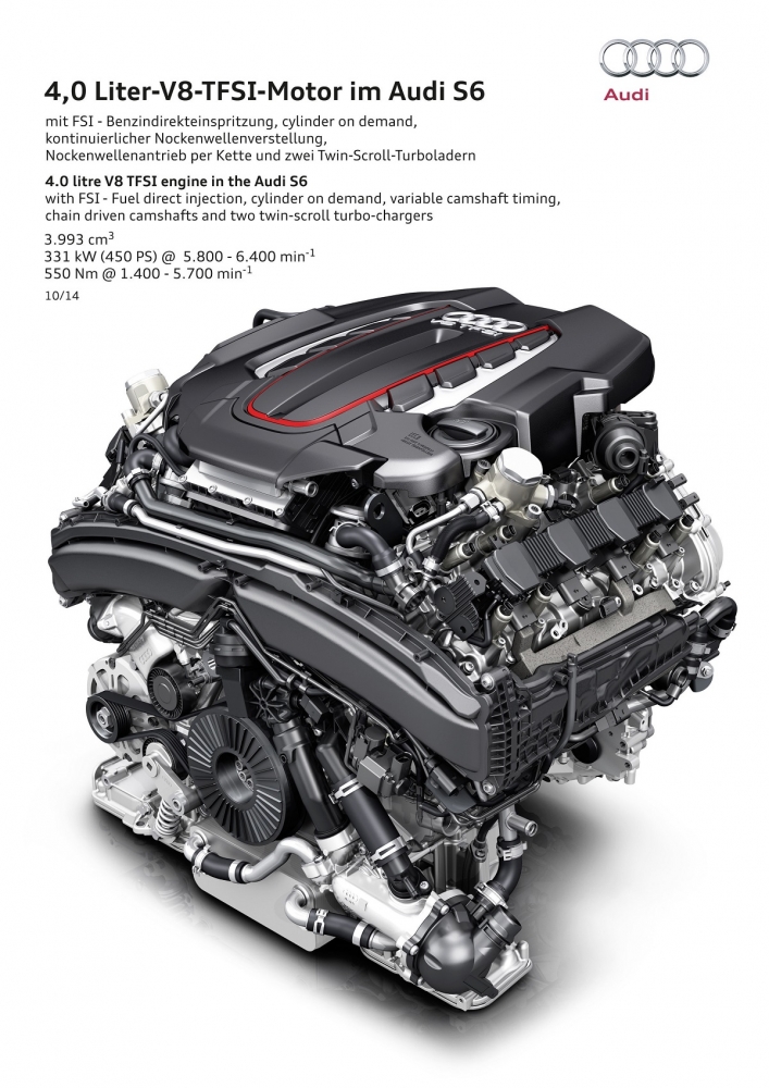 S6所使用代號EA 824 4.0升V8雙渦輪增壓引擎，採用10.1：1高壓縮比低增壓的設定，線性的動力輸出比RS 6 Performance「溫柔」很多，從2012年推出至今已發展的相當成熟，為Audi與Porsche兩家車廠高階車款所使用的名機。採用90度夾角的設計可讓重心放低，並且兩具渦輪擺在正中間，不但創造出重心居中的優勢，更短的排氣增壓路徑更是讓S6具有極佳的低轉速反應。