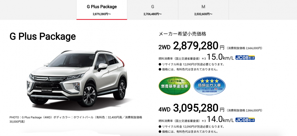 日規 Eclipse Cross 的頂規 2WD版本為日幣 287萬9280元。