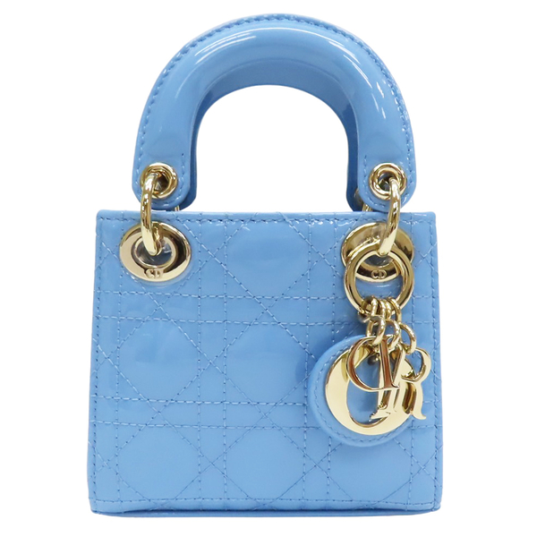 【二手名牌BRAND OFF】Dior 迪奧 矢車菊藍 漆亮皮 騰格紋 微型 Lady Dior 兩用包 金扣