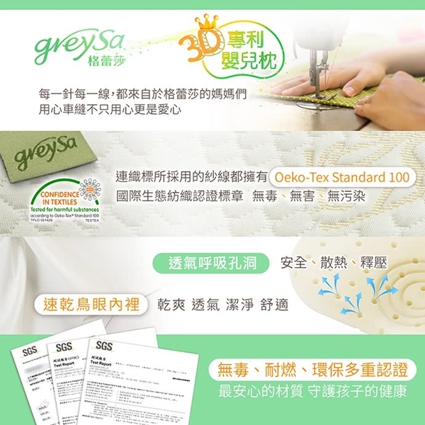 格蕾莎 GreySa 3D專利嬰兒枕 寶寶枕頭 抗菌防蹣 立體記憶枕 透氣 塑形枕 2885 台灣製 product thumbnail 8