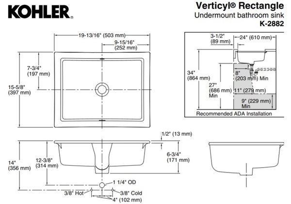 【麗室衛浴】美國原廠 KOHLER Verticyl系列 方型下崁盆 K-2882-0 503*397*171mm