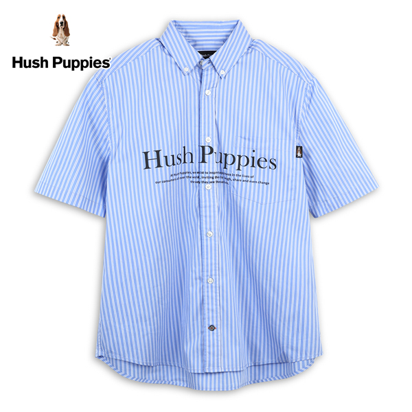 Hush Puppies 襯衫 男裝簡約配色直條紋品牌英文印花寬版短袖襯衫