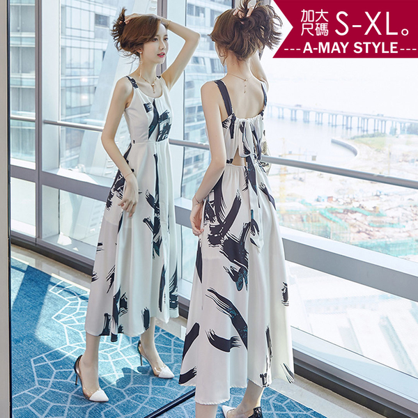 加大碼連身裙-水墨印花露背綁帶渡假風吊帶洋裝(S-XL)