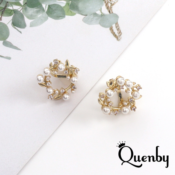 Quenby 森林系葉子花環珍珠造型耳環/無耳洞耳夾 product thumbnail 5