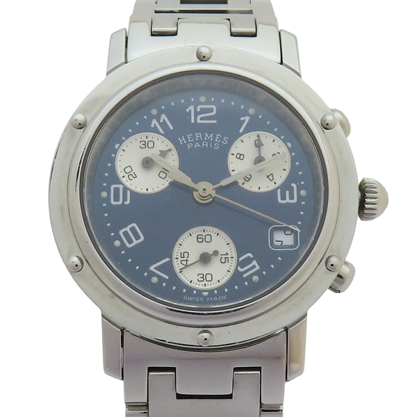 【二手名牌BRAND OFF】HERMES 愛馬仕 藍色 錶盤 精鋼 Clipper Chronograph 腕錶 CL1.310