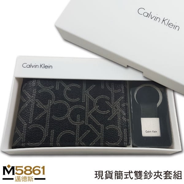 【CK】Calvin Klein 男皮夾 短夾 簡式雙鈔夾 CK壓紋+CK鑰匙圈套組 品牌盒裝+原廠提袋／黑色