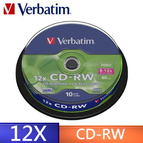 免運費+贈CD筆】Verbatim 威寶光碟燒錄片SERL CD-RW 4X-12X 700MB