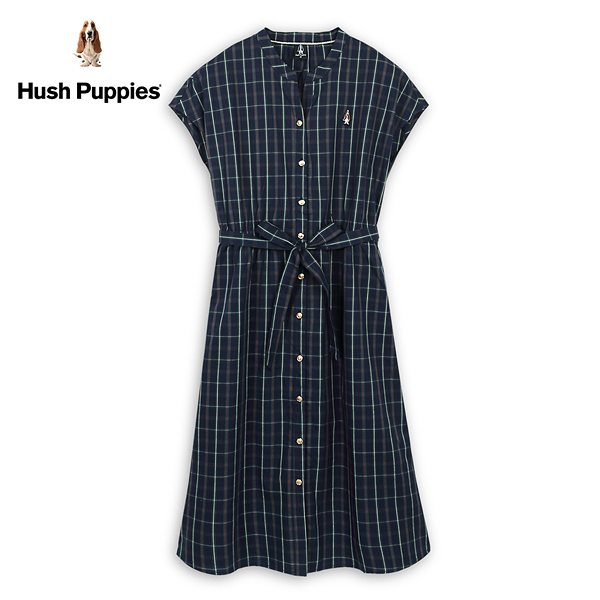 Hush Puppies 洋裝 女裝經典格紋開襟腰綁帶落肩洋裝