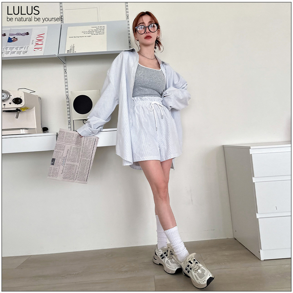 LULUS/套裝慵懶風寬大細直紋襯衫+短褲灰綠【A01230870】 product thumbnail 3