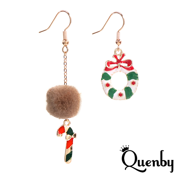 Quenby 聖誕禮物 韓系平價飾品 秋冬聖誕款不對稱球球枴杖棒棒糖花圈長耳環/耳針