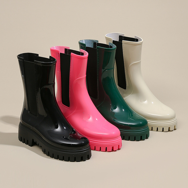 【36-41全尺碼】雨靴．街頭漆皮拼接切爾西粗跟中筒靴．白鳥麗子 product thumbnail 2