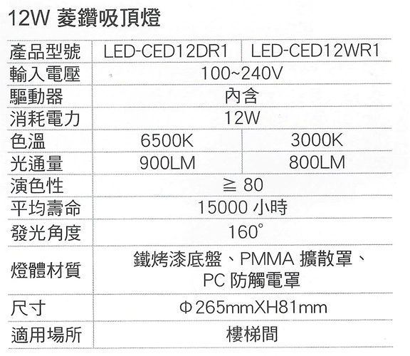 【燈王的店】舞光菱鑽 LED 12W 單色吸頂燈 LED-CED12 保固兩年 product thumbnail 3