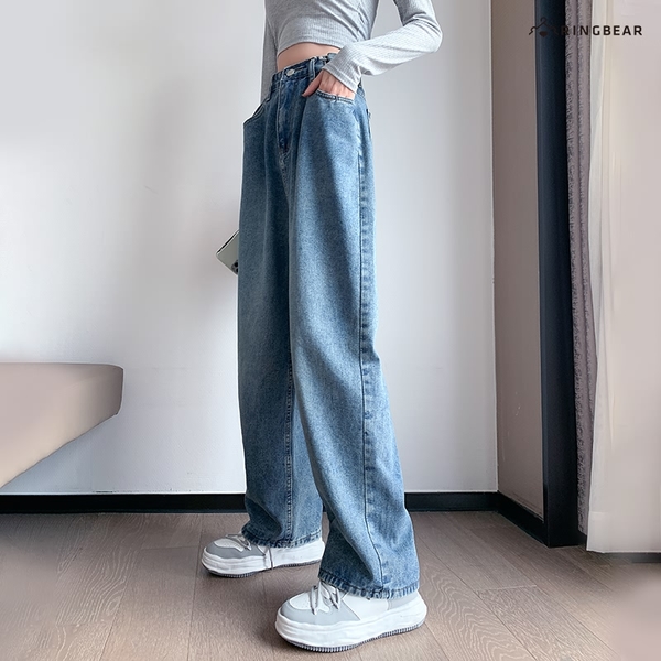 牛仔褲--韓系小姐姐腰間造型釦環增高顯瘦視覺高腰闊腿牛仔長褲(藍M-6L)-N106眼圈熊中大尺碼 product thumbnail 8