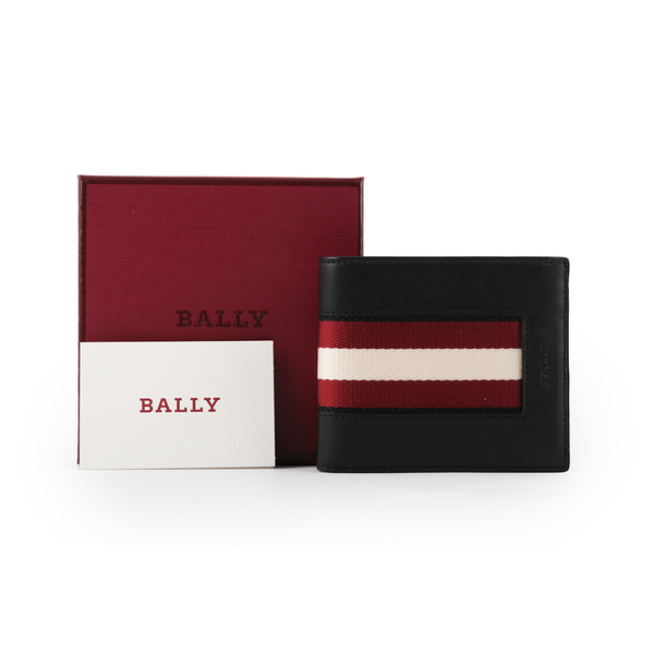 【BALLY】Bonett 紅白織帶牛皮對開證件照短夾(黑色) 6232176
