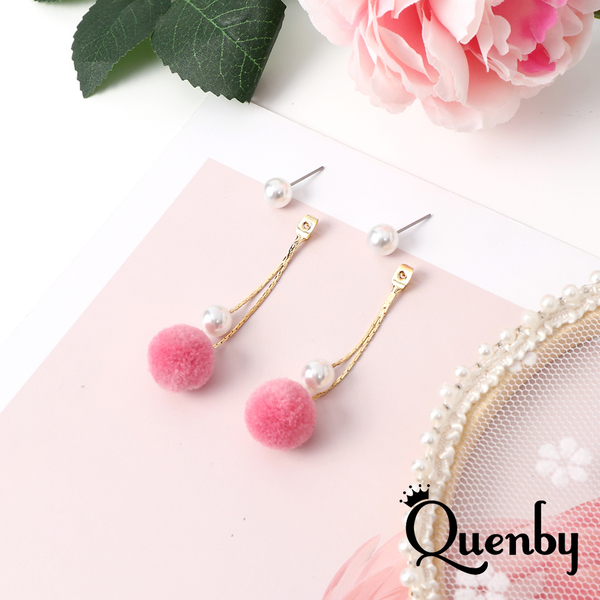 Quenby 甜美蜜桃珊瑚一款兩戴珍珠球球長耳環/耳針 product thumbnail 4