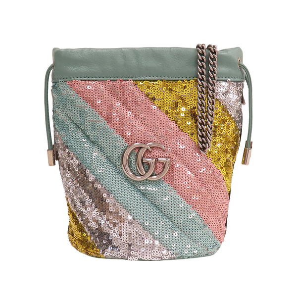 【二手名牌BRAND OFF】GUCCI 古馳 綠色 皮革 亮片 Mini Sequins bucket bag 迷你水桶包 銀扣 575163