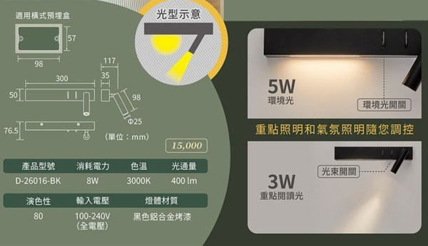 【燈王的店】舞光 LED 8W 梅林床頭壁燈 可調式燈頭 D-26016-BK product thumbnail 2