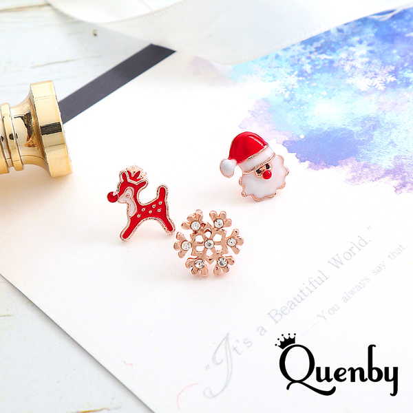 Quenby 簡約迷小巧聖誕老公公雪花麋鹿搭珍珠耳釘/耳環-6件組 product thumbnail 2