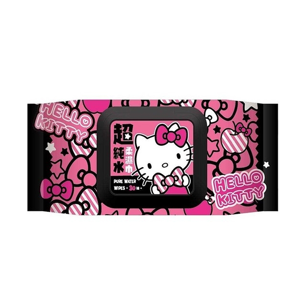 小禮堂 Hello Kitty 30抽附蓋超純水濕紙巾 (粉黑蝴蝶結滿版款) 4715664-503724