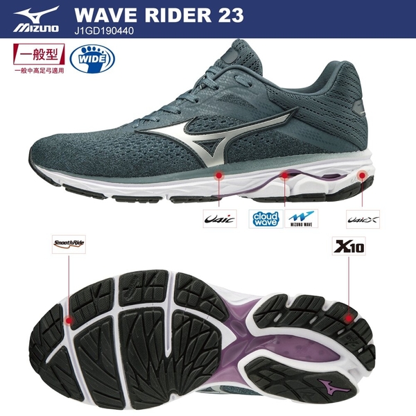 MIZUNO WAVE RIDER 23 女鞋 慢跑 3E 寬楦 避震 DROP 12mm 灰 紫【運動世界】J1GD190440 product thumbnail 4
