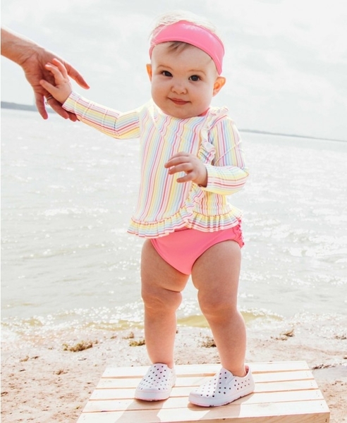 美國 RuffleButts 女童抗UV兩件式泳裝 - 長袖彩虹條紋