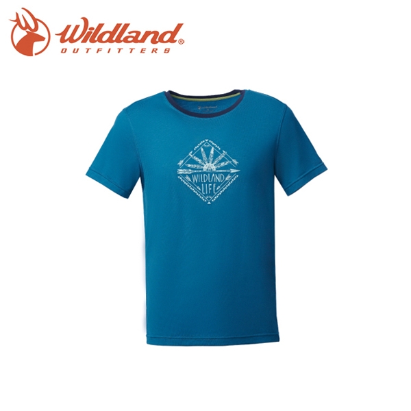 【Wildland 荒野 男 彈性棉感抗UV印花上衣《土耳其藍》】0A61610-46/吸濕排汗/抗UV/短袖
