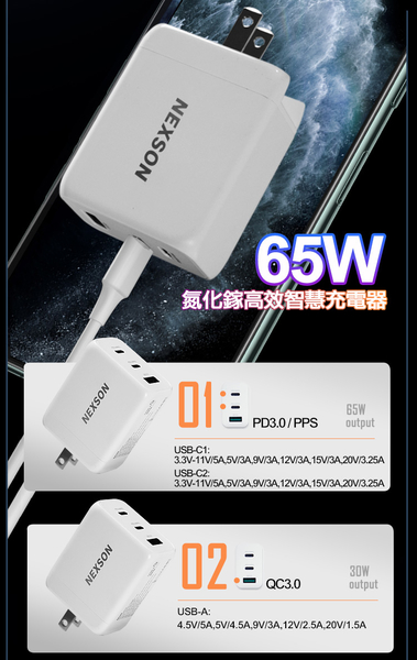 NEXSON 第三代氮化鎵GaN 65W三孔-白+10A認證閃充MICRO USB傳輸充電線-紅120cm product thumbnail 5