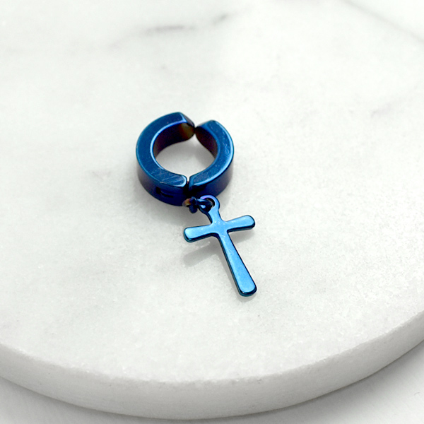 男生耳環 藍極光小十字架鋼耳夾ND812
