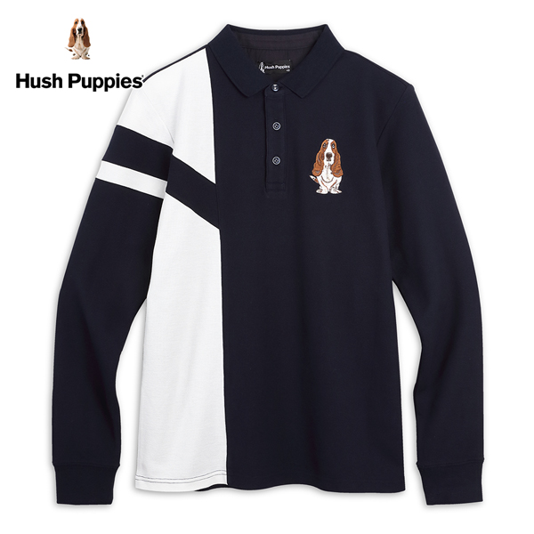 Hush Puppies POLO衫 男裝不對稱雙色剪接刺繡狗長袖POLO衫