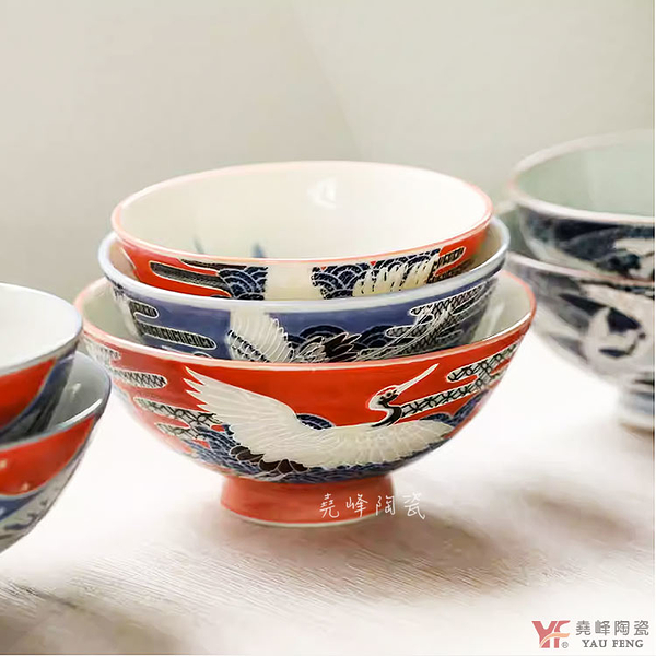 【堯峰陶瓷】日本美濃燒-紅鶴大平碗(單入)|日本花|情侶 親子碗|日本製陶瓷碗