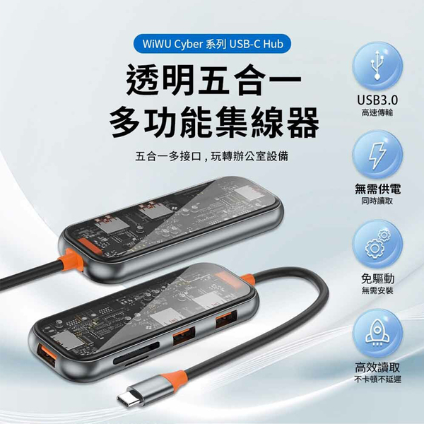 WiWU Cyber系列 USB-C HUB 透明五合一多功能集線器 product thumbnail 3