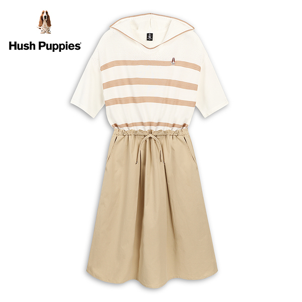 Hush Puppies 洋裝 女裝連帽線衫平織異材質拼接抽繩洋裝