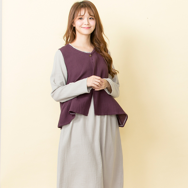 輕盈焦點100%棉2件式居家睡衣洋裝(灰+紫)