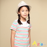Azio 女童 上衣 領口白色荷葉造型彩色橫條紋短袖上衣(彩條) Azio Kids 美國派 童裝