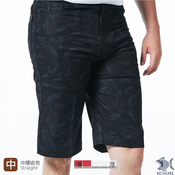 【NST Jeans】黑羽毛印花 男黑單寧短褲(中腰) 390(9528) 台製 紳士