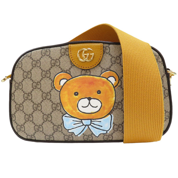 【二手名牌BRAND OFF】GUCCI 古馳 棕色帆布/黃色牛皮 GG Supreme 帆布 相機包 單肩包