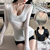 克妹Ke-Mei【AT76291】韓國外銷單!深V顯胸大咪咪長袖T恤上衣