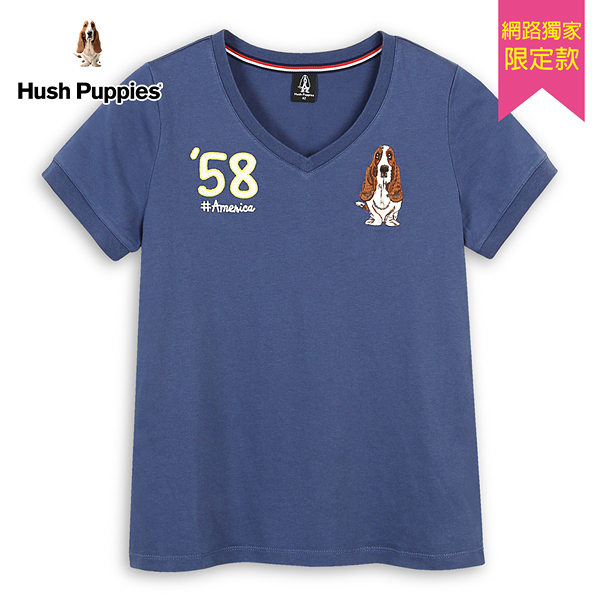 Hush Puppies T恤 女裝素色V領58毛線繡刺繡狗T恤
