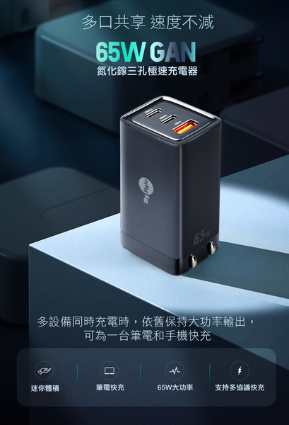 MyStyle 65W GaN氮化鎵極速充電器-白+倍思 鎢金線 PD Type-C to Lightning 快充充電線100cm product thumbnail 2