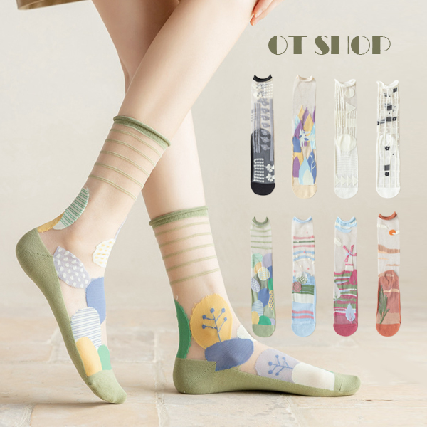 日韓刺繡玻璃中筒襪