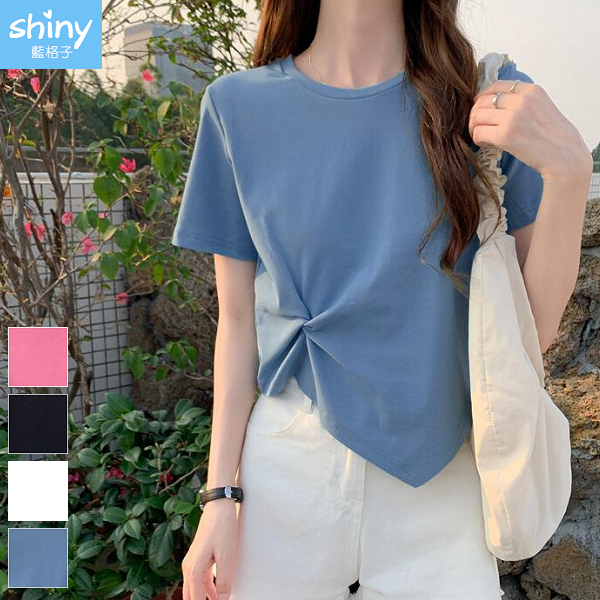 【V9357】shiny藍格子-輕閑甜氛．不規則短款薄款設計感短袖上衣